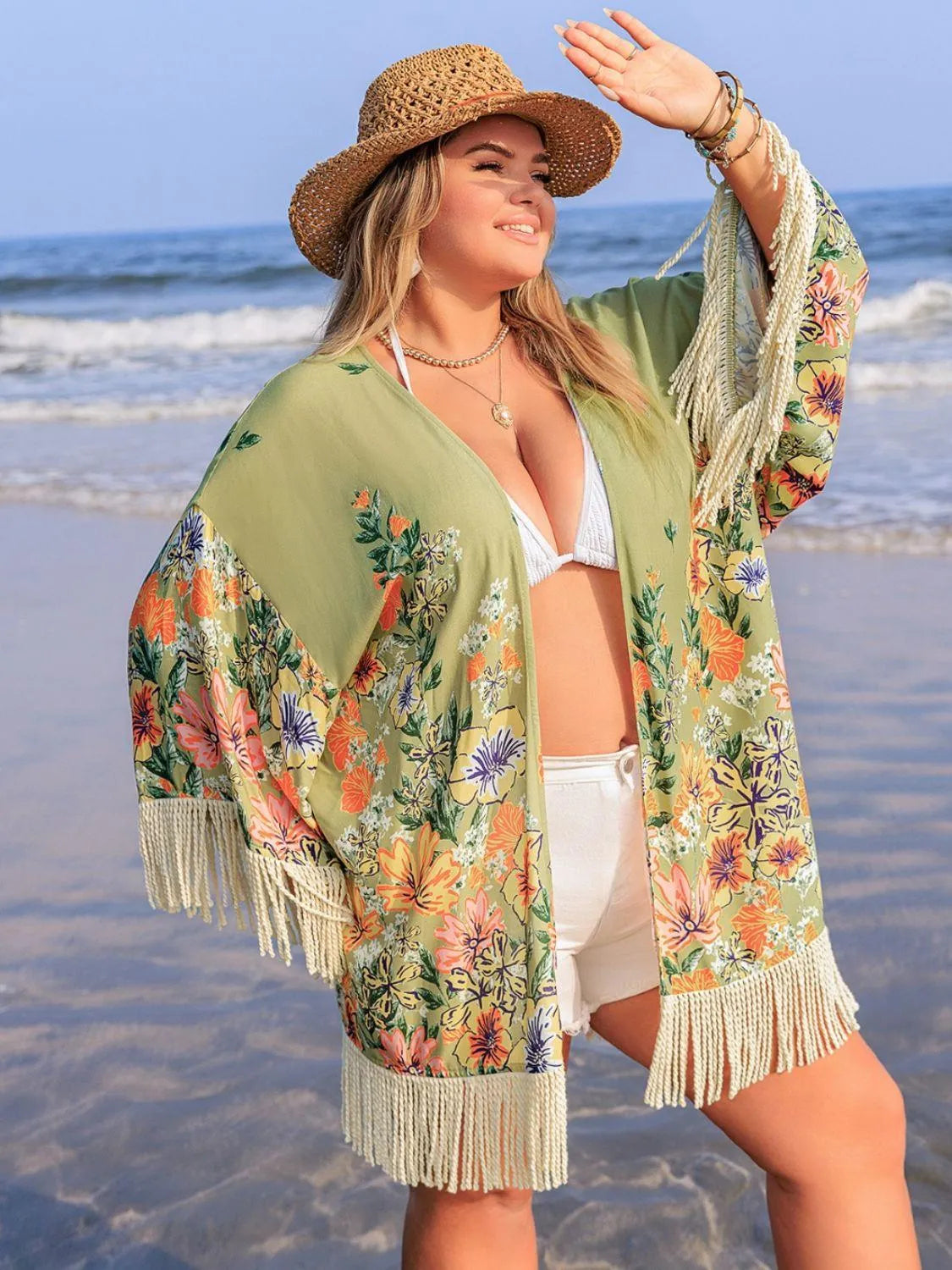 Plus Size Fringe Open Front Cover-Up - 6i6