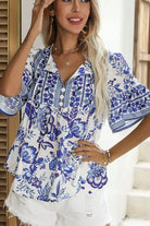 Printed Buttoned Flounce Sleeve Blouse - 6i6