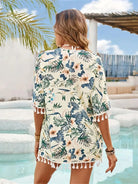 Tassel Printed Open Front Half Sleeve Cover-Up - 6i6