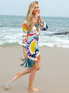 Fringe V-Neck Three-Quarter Sleeve Cover Up - 6i6