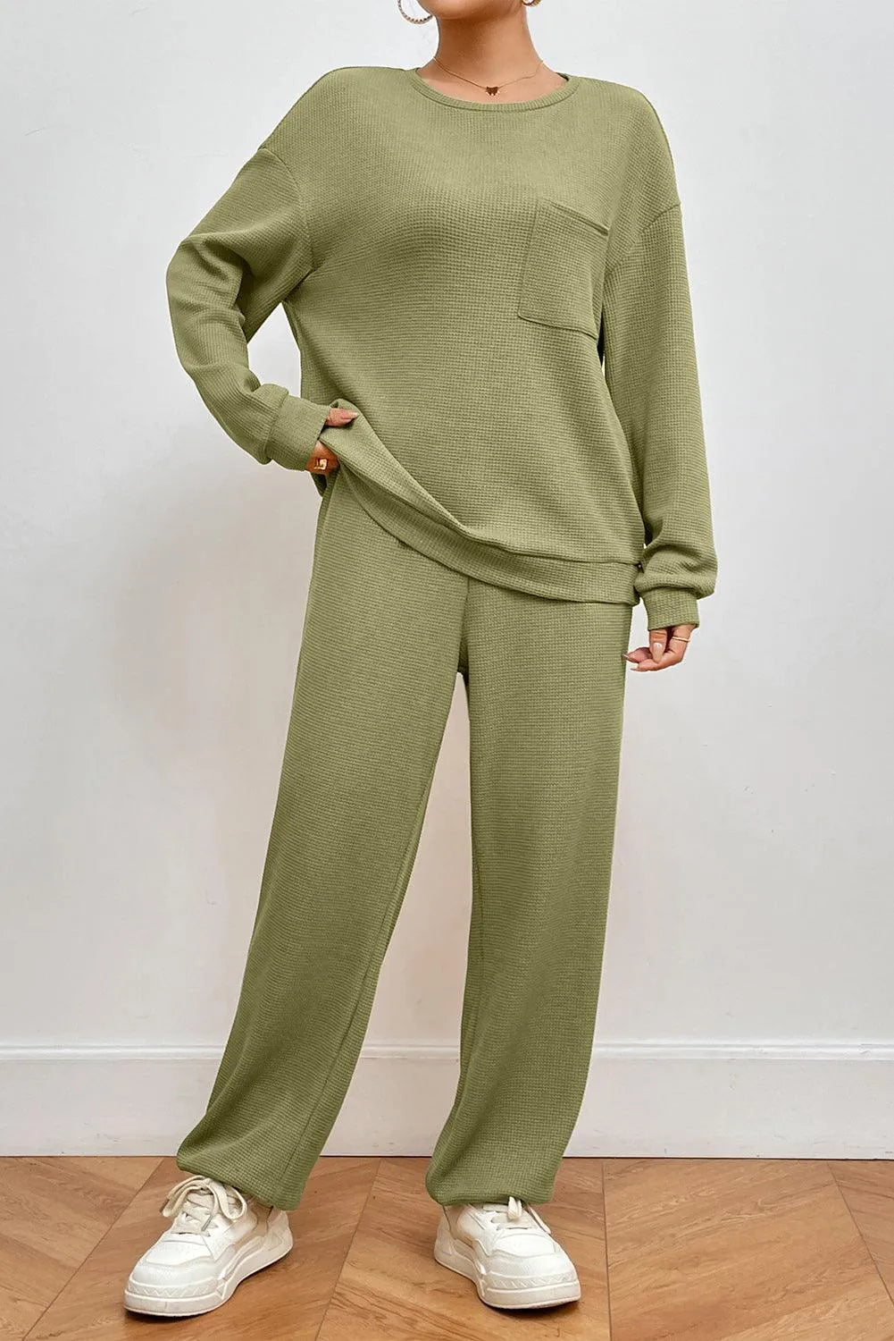 Pocketed Round Neck Top and Pants Lounge Set - 6i6