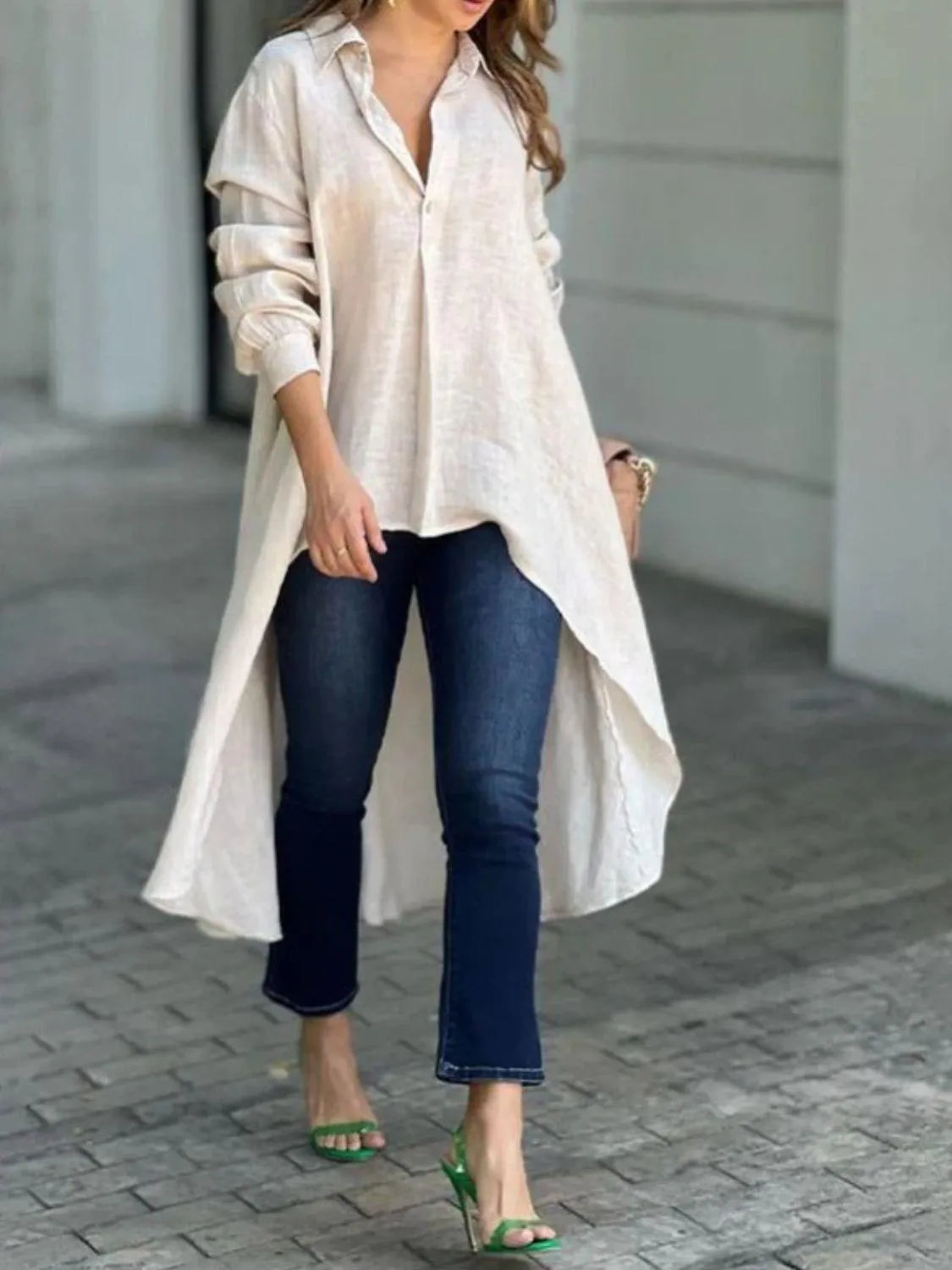 Full Size High-Low Collared Neck Long Sleeve Shirt - 6i6