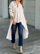 Full Size High-Low Collared Neck Long Sleeve Shirt - 6i6