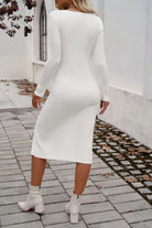 Slit V-Neck Long Sleeve Midi Dress - 6i6