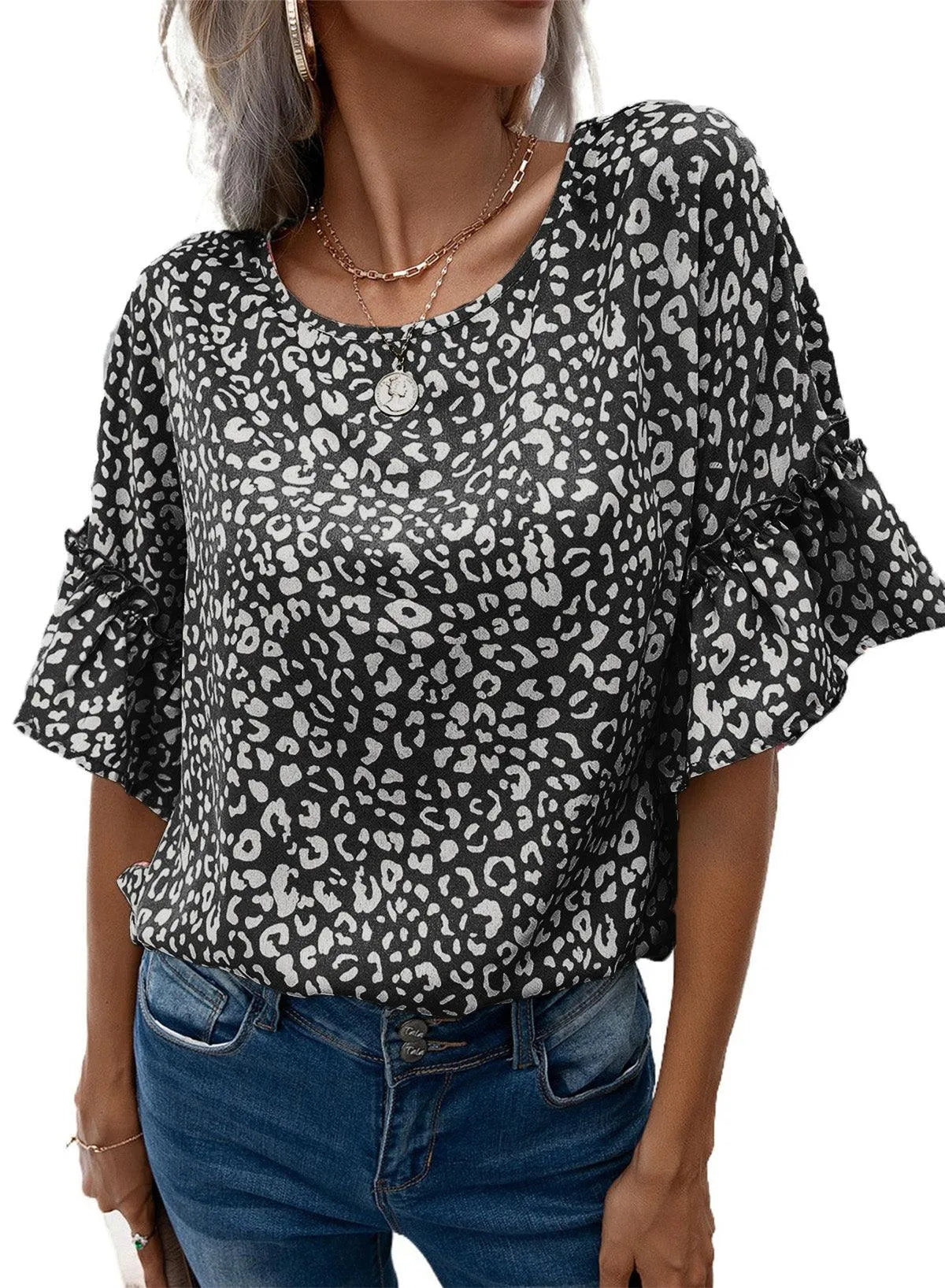 Leopard Round Neck Frill Trim Blouse - 6i6