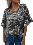 Leopard Round Neck Frill Trim Blouse - 6i6