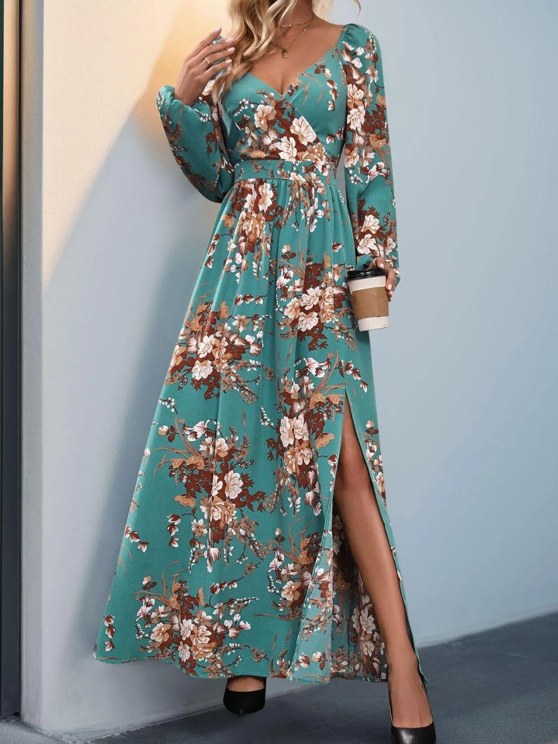 Slit Printed Surplice Long Sleeve Maxi Dress - 6i6