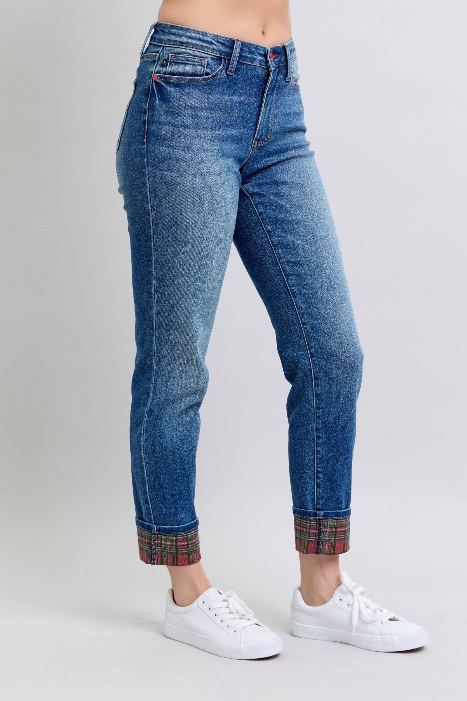 Judy Blue full-size plaid print cuff straight leg jeans with side pockets, featuring a stylish plaid design and comfortable fit, available at 6i6.com