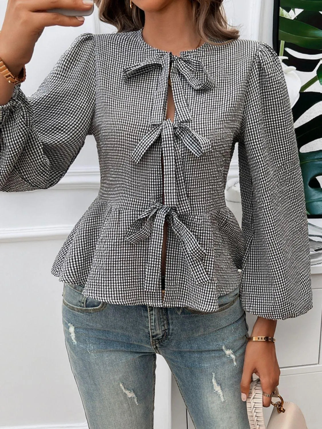 Tied Round Neck Long Sleeve Blouse - 6i6