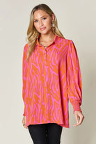 Double Take Full Size Printed Smocked Long Sleeve Blouse - 6i6