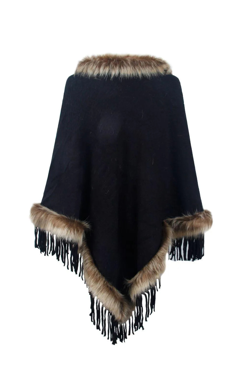 Faux Fur Trim Fringed Poncho - 6i6