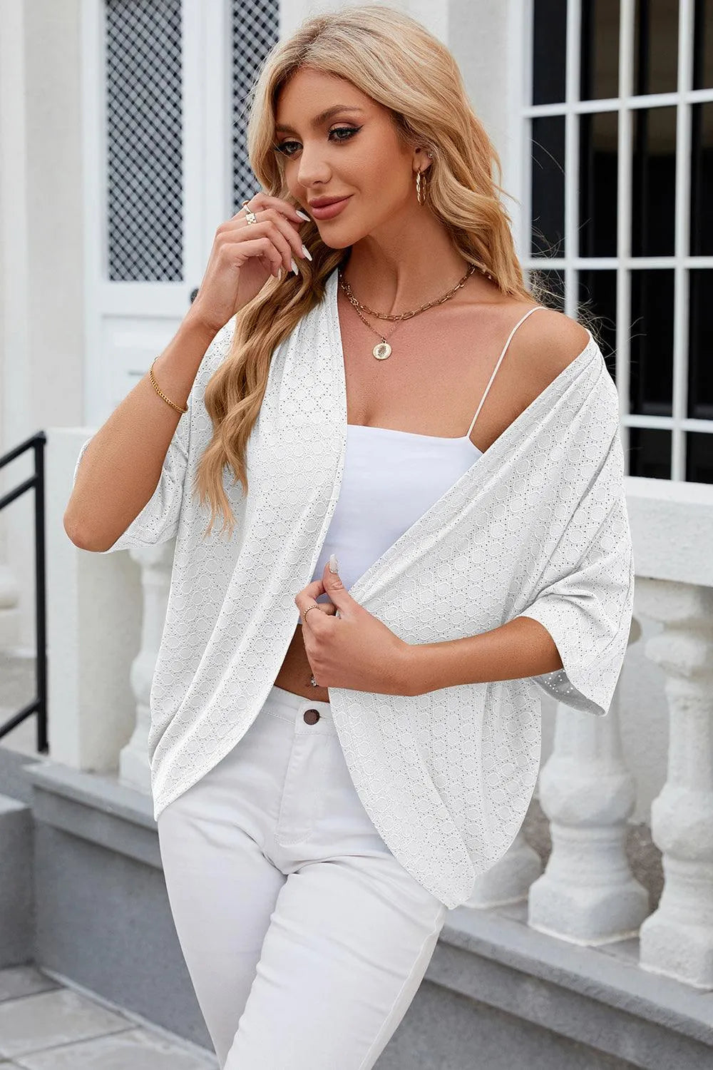 Eyelet Open Front Half Sleeve Cardigan - 6i6