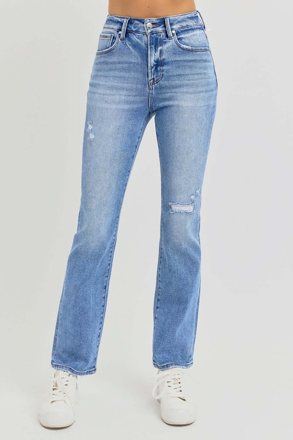 RISEN full-size distressed high-rise ankle straight jeans with a stylish distressed look and a flattering fit, available at 6i6.com