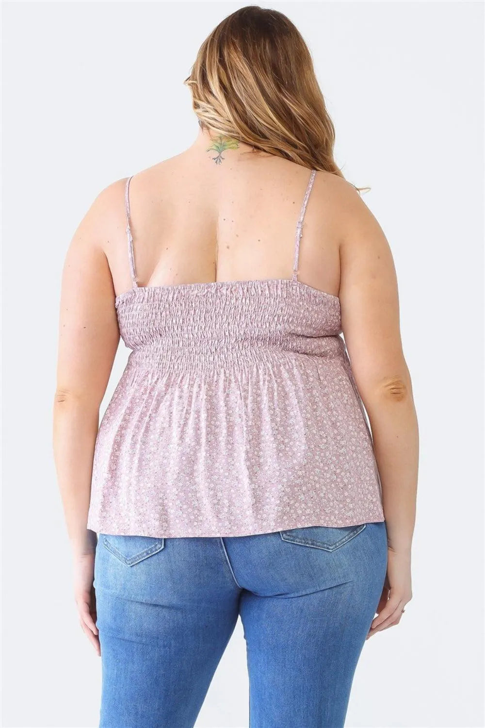 Zenobia Plus Size Frill Smocked Floral Sweetheart Neck Cami - 6i6