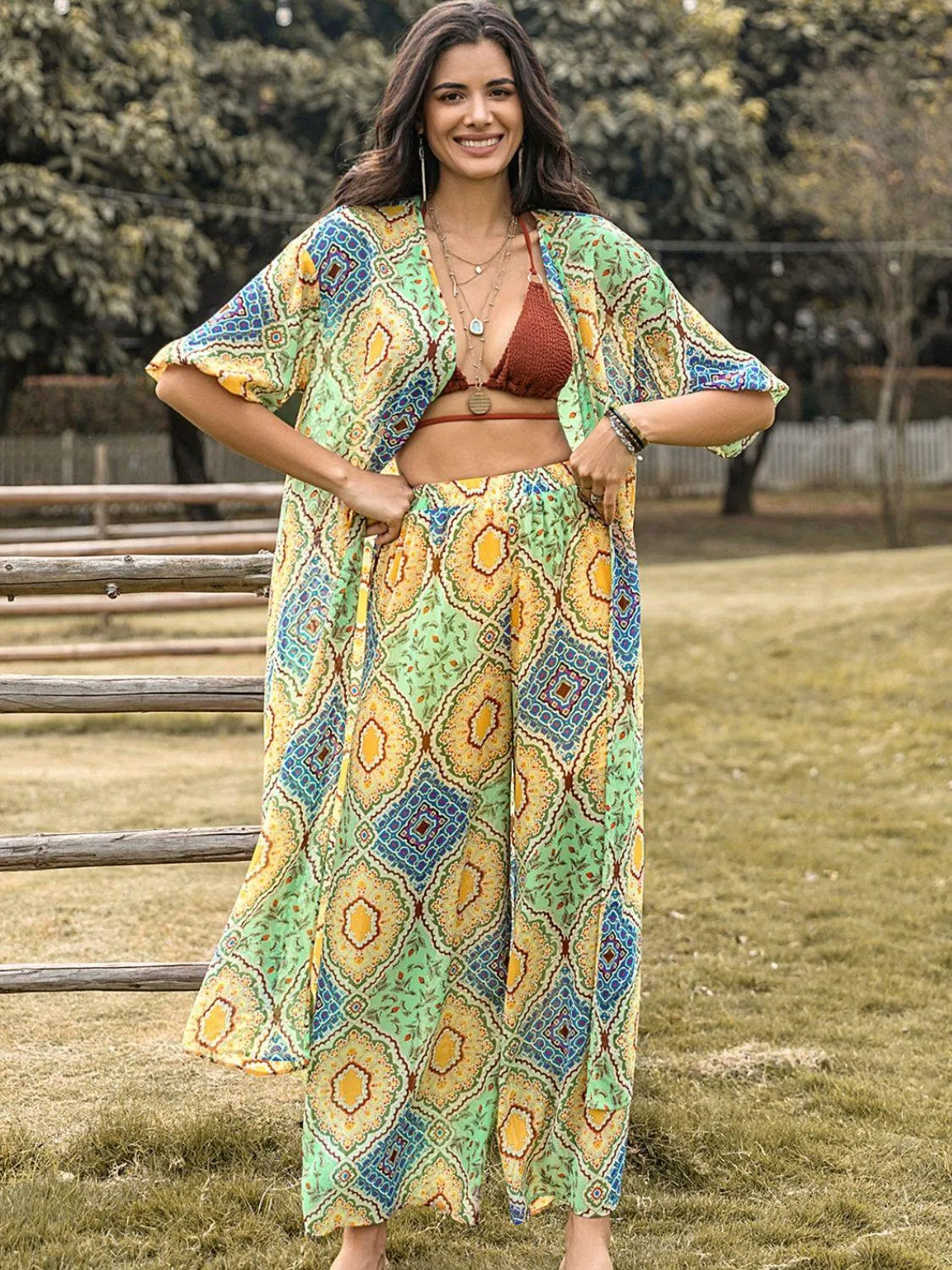 Printed Half Sleeve Top and Wide Leg Pants Set - 6i6