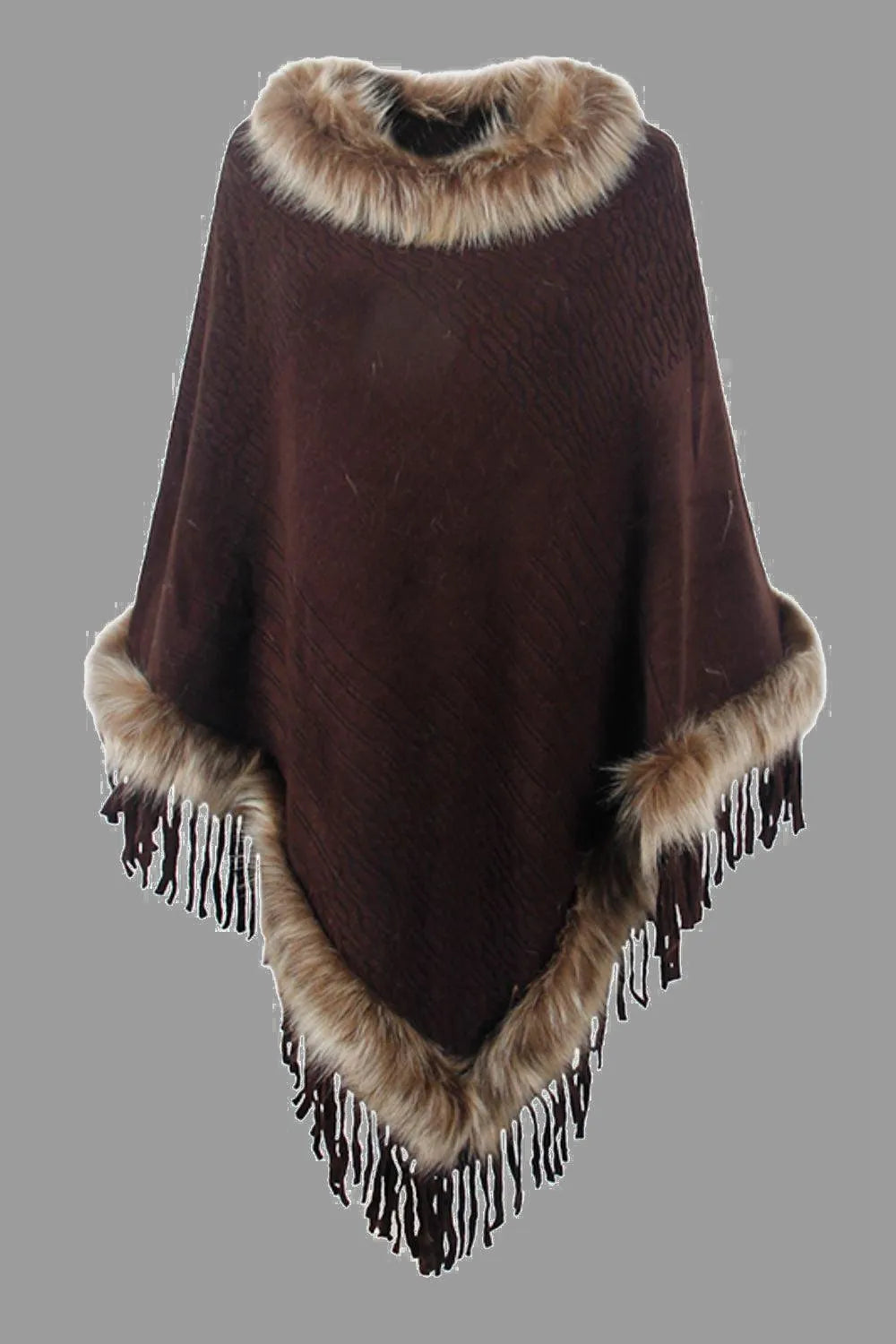 Faux Fur Trim Fringed Poncho - 6i6