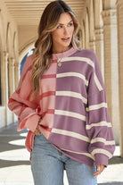 Striped Round Neck Long Sleeve Knit Top - 6i6