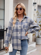 Pocketed Plaid Collared Neck Long Sleeve Shirt - 6i6