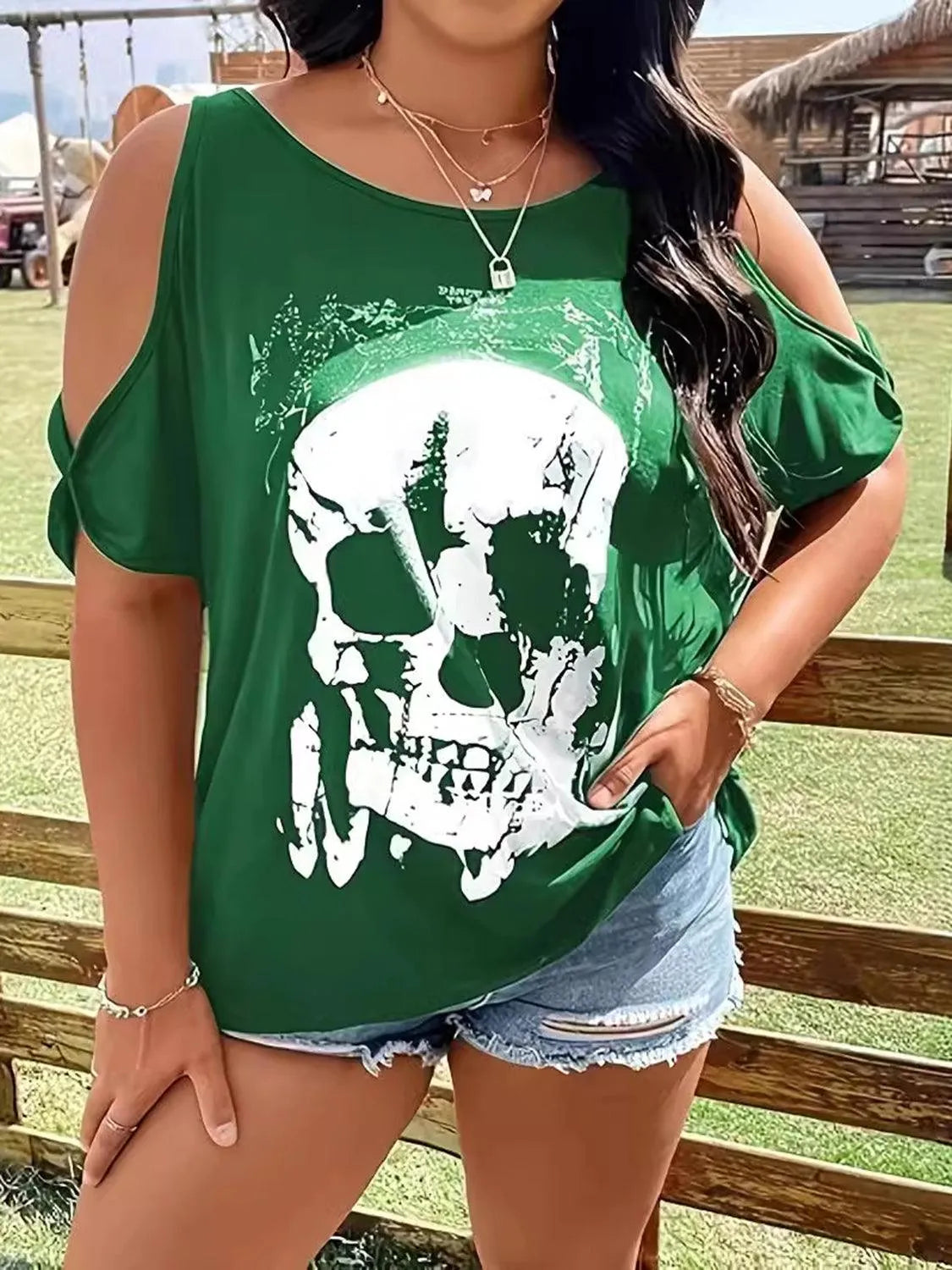 Plus Size Skeleton Graphic Round Neck Cold Shoulder T-Shirt - 6i6