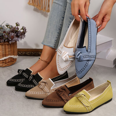 Knitted Slip-On Flats with Bow for women from 6i6.com, offering chic and comfortable everyday footwear.