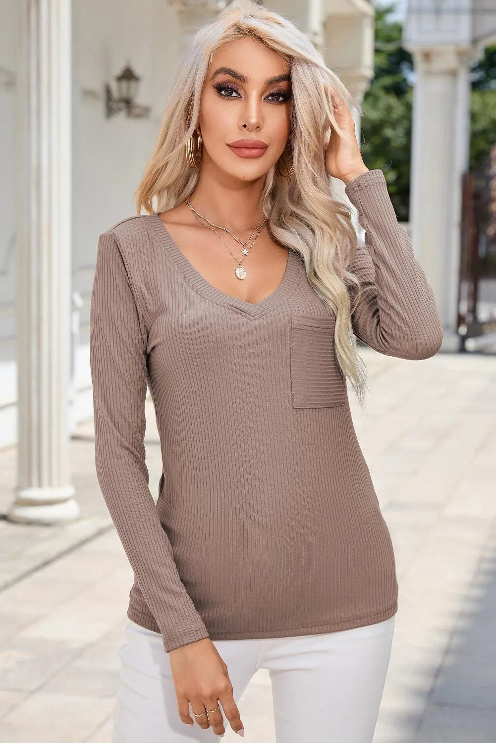 Ribbed V-Neck Long Sleeve Blouse with Pocket - 6i6