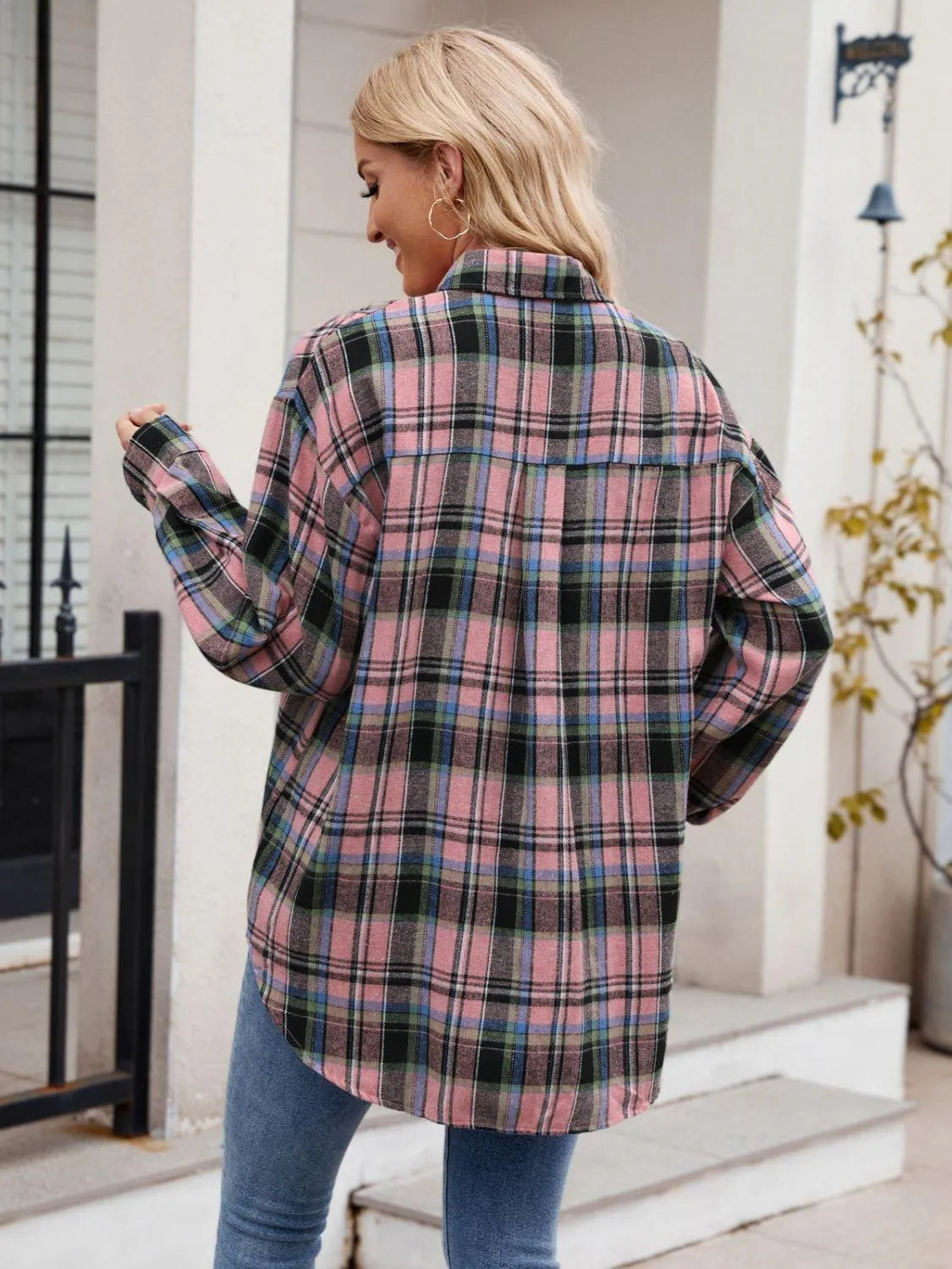 Pocketed Plaid Collared Neck Long Sleeve Shirt - 6i6