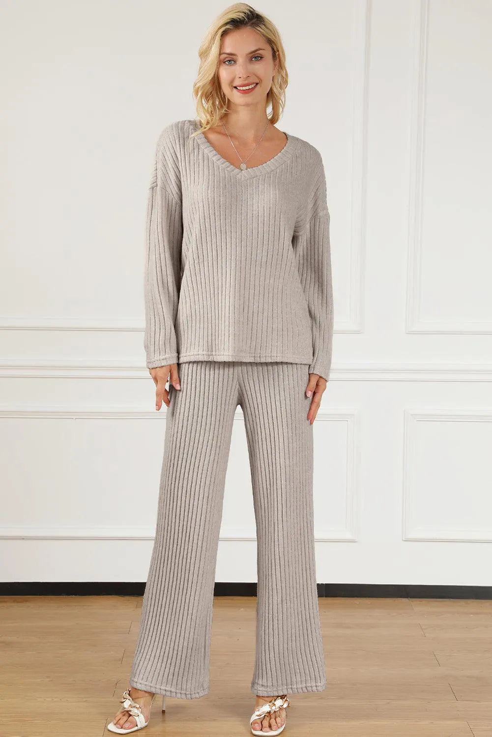 Ribbed V-Neck Top and Pants Lounge Set - 6i6