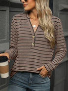 Striped Notched Long Sleeve T-Shirt - 6i6