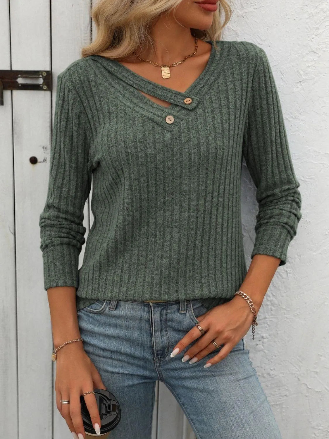 Ribbed V-Neck Long Sleeve T-Shirt - 6i6