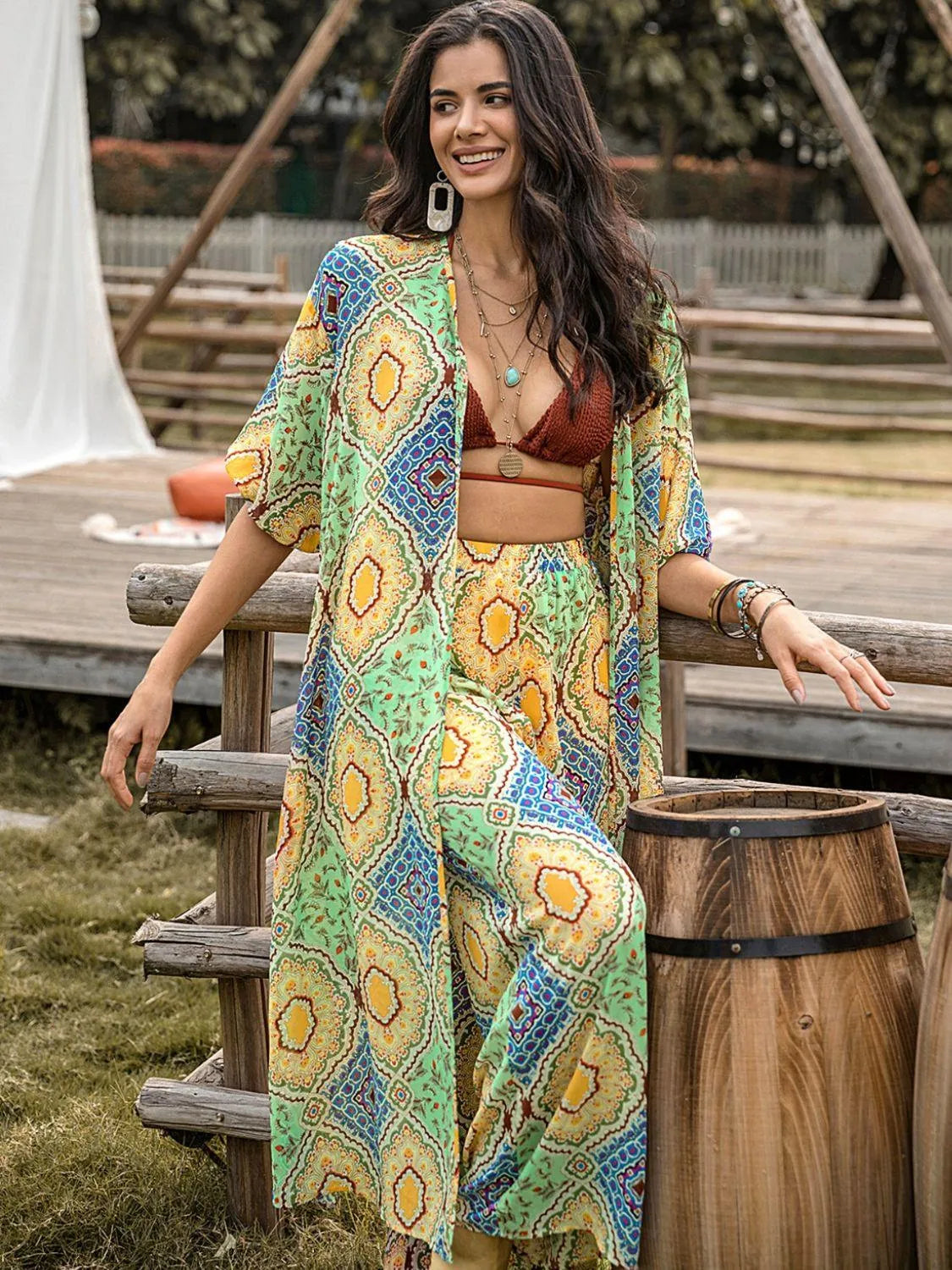 Printed Half Sleeve Top and Wide Leg Pants Set - 6i6