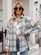 Pocketed Plaid Collared Neck Long Sleeve Shirt - 6i6