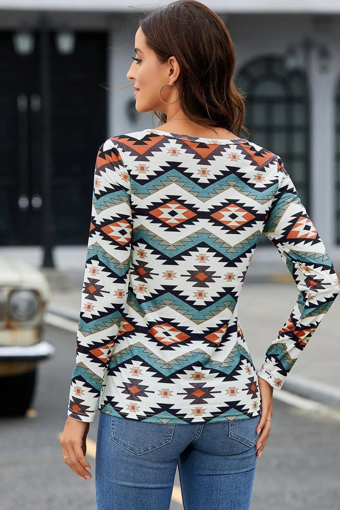 Printed Notched Neck Long Sleeve Top - 6i6