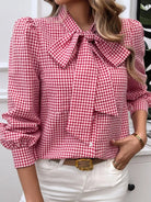 Pocketed Plaid Tie Neck Long Sleeve Shirt - 6i6