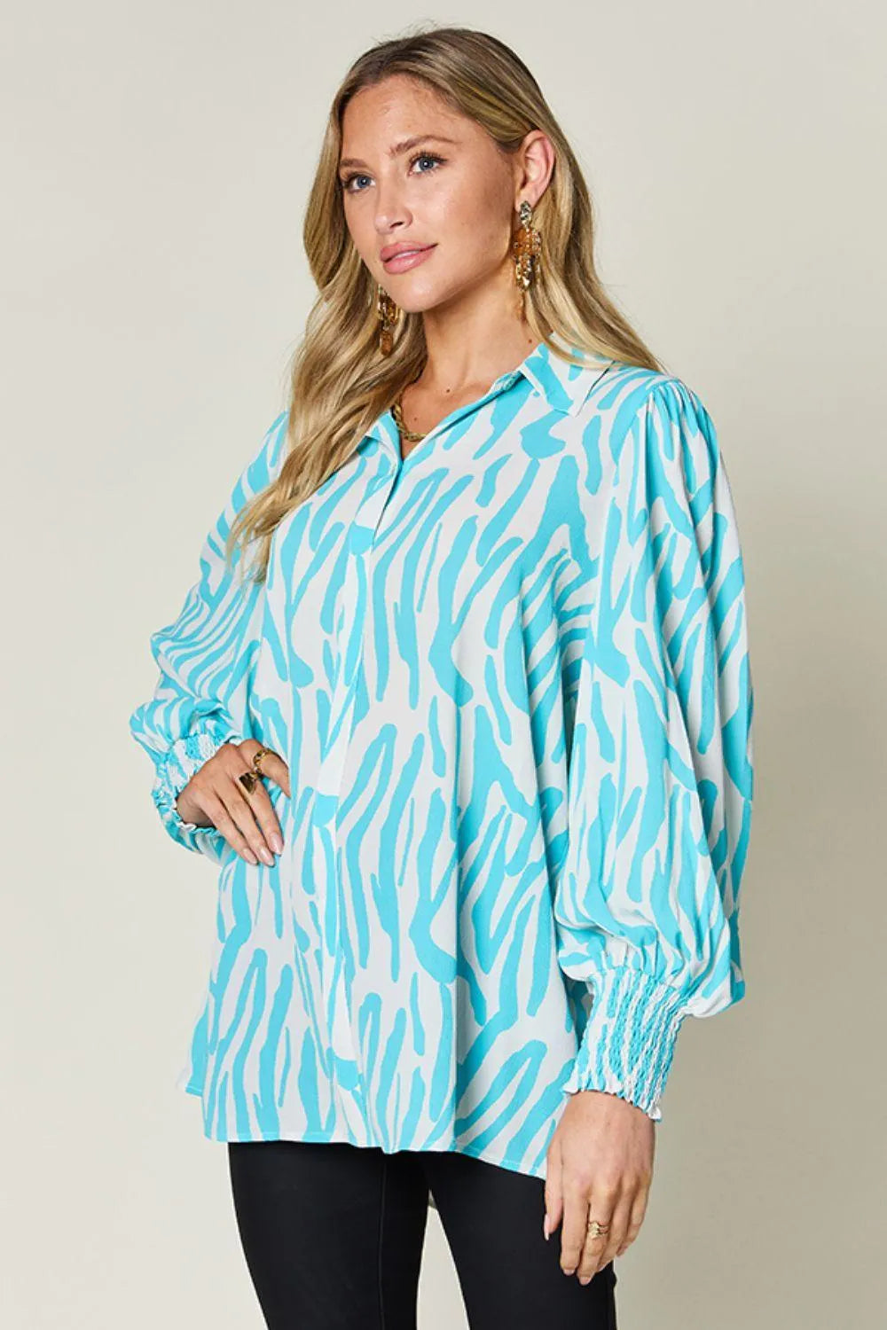 Double Take Full Size Printed Smocked Long Sleeve Blouse - 6i6