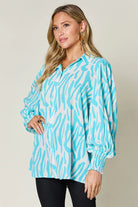 Double Take Full Size Printed Smocked Long Sleeve Blouse - 6i6