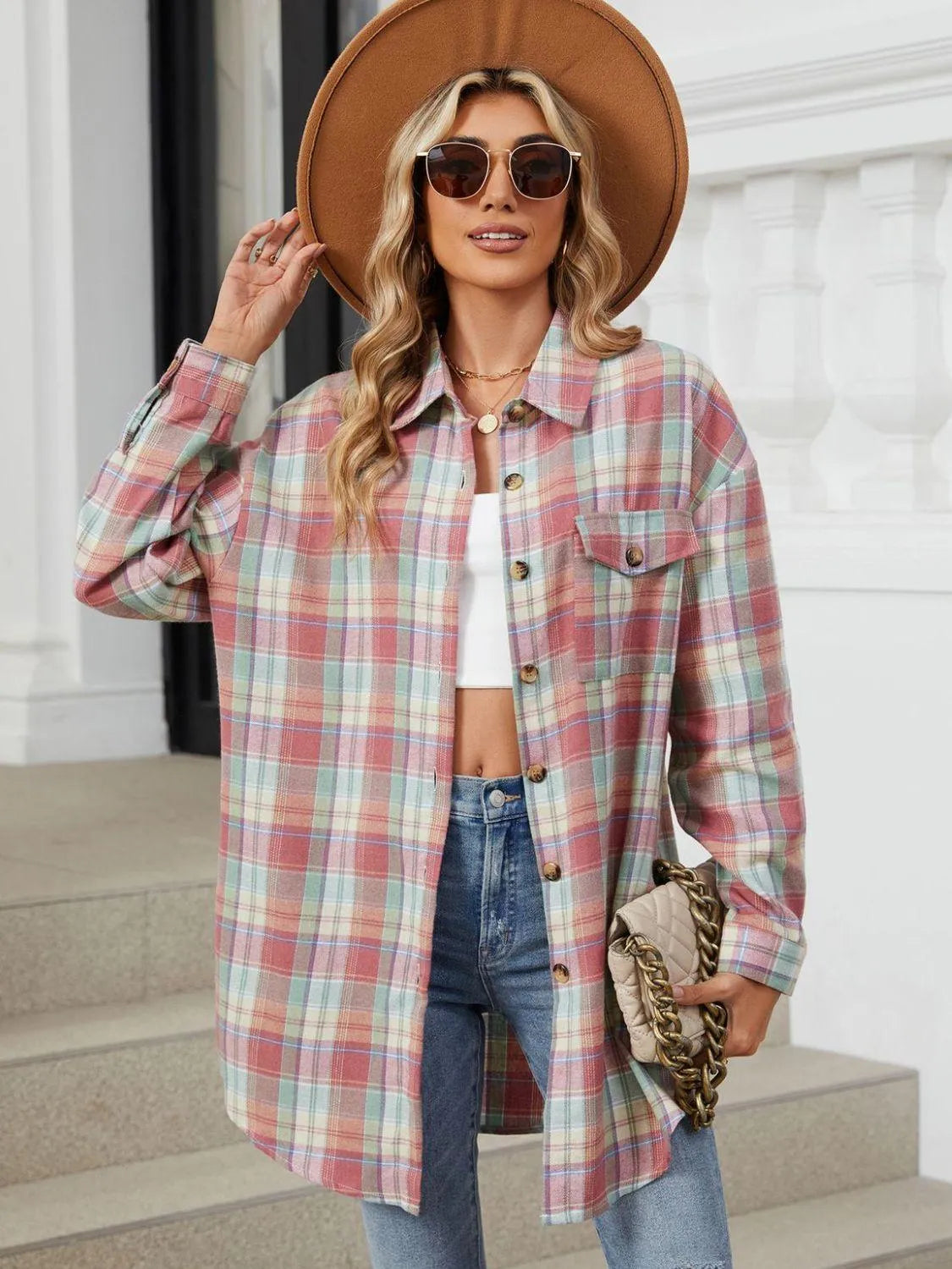 Plaid Collared Neck Long Sleeve Shirt - 6i6