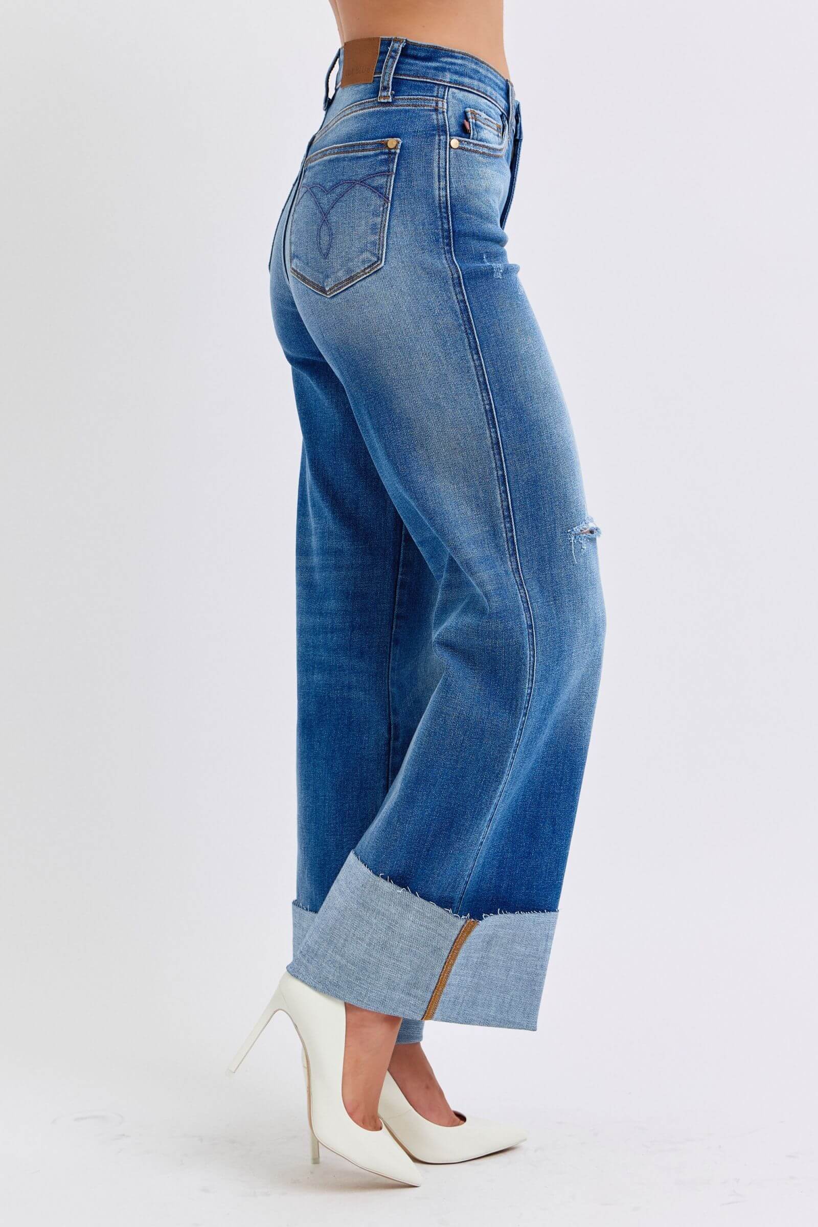 Judy Blue full-size distressed high waist wide leg jeans with a relaxed fit and stylish distressed details, available at 6i6.com