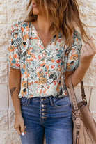 Floral Tie Neck Shoulder Detail Blouse - 6i6