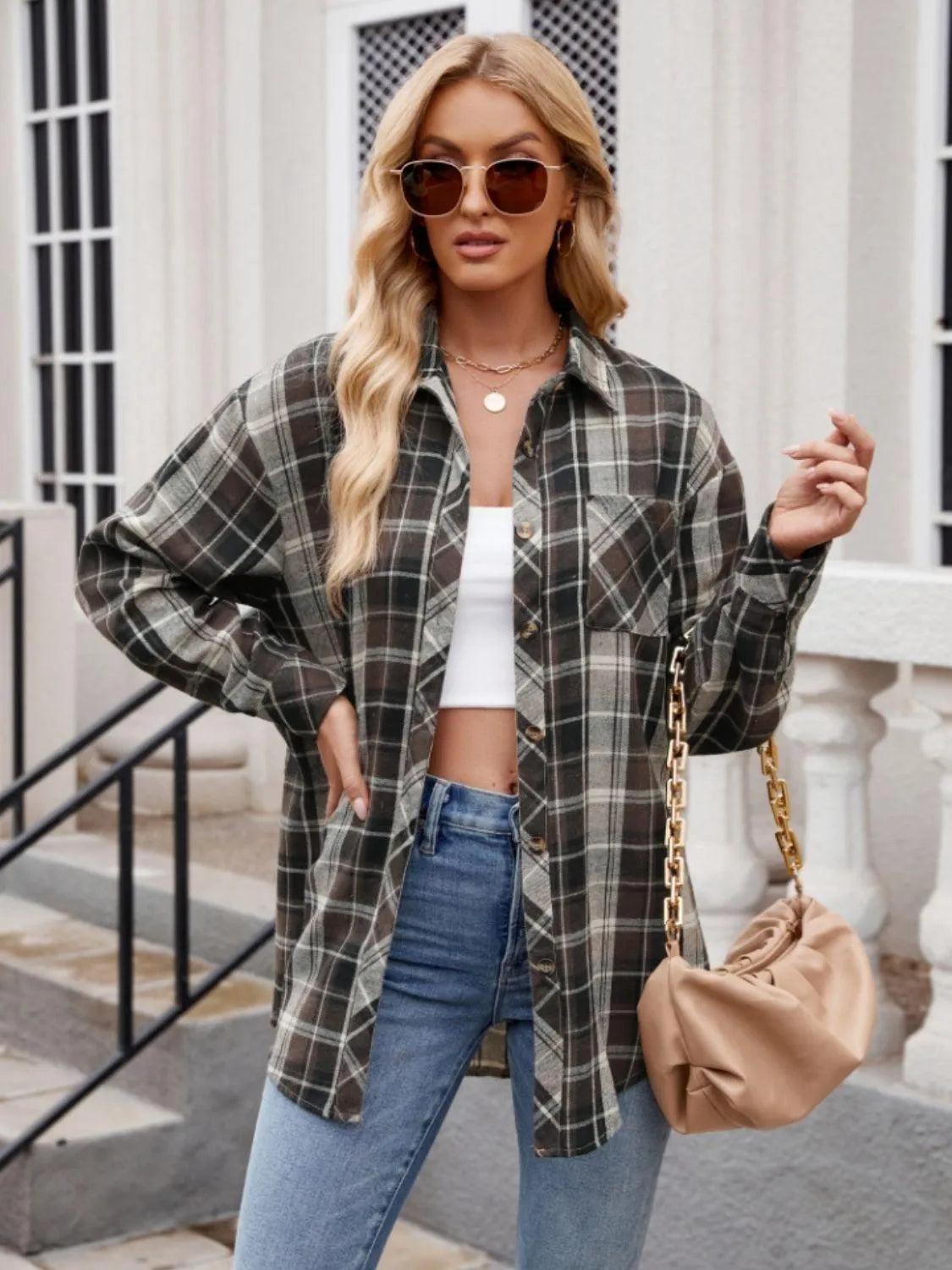 Pocketed Plaid Collared Neck Long Sleeve Shirt - 6i6