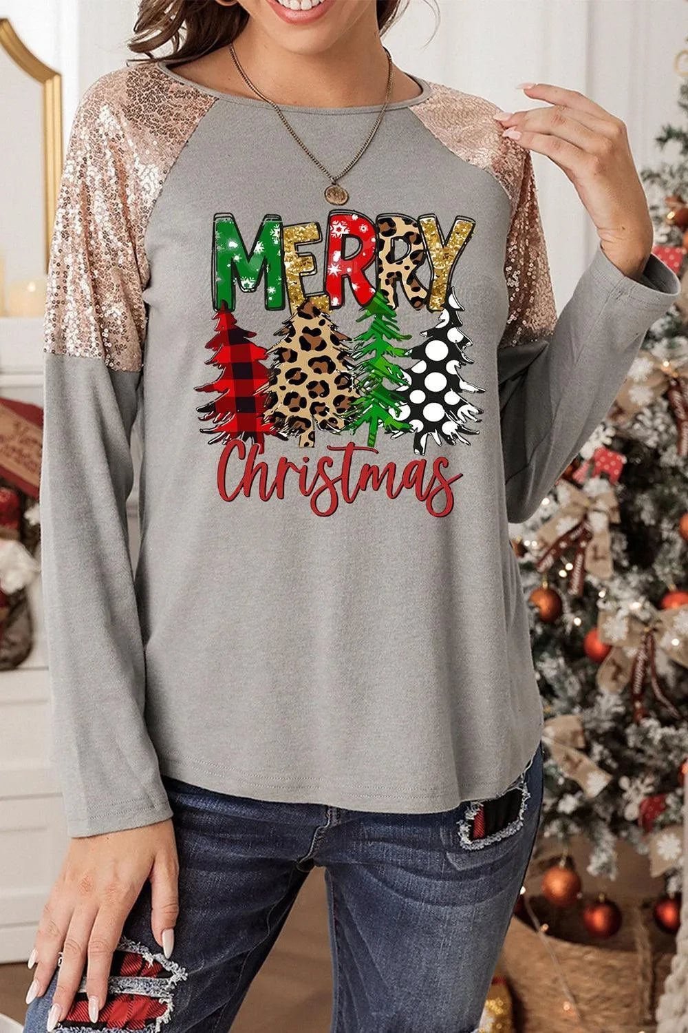 MERRY CHRISTMAS Sequin Round Neck Blouse - 6i6