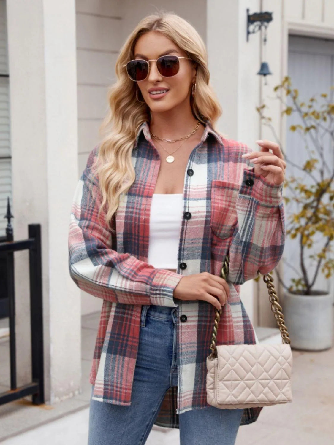 Pocketed Plaid Collared Neck Long Sleeve Shirt - 6i6