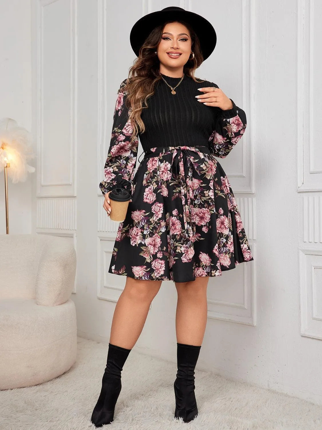 Plus Size Tied Printed Long Sleeve Dress - 6i6