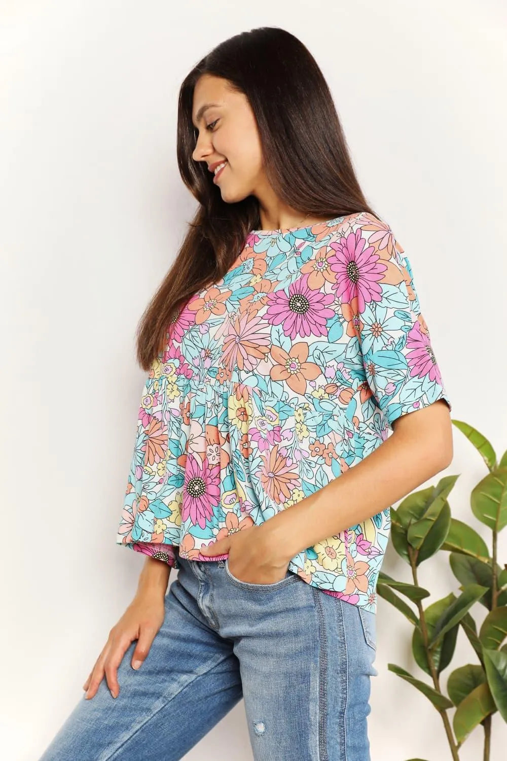 Double Take Floral Round Neck Babydoll Top - 6i6