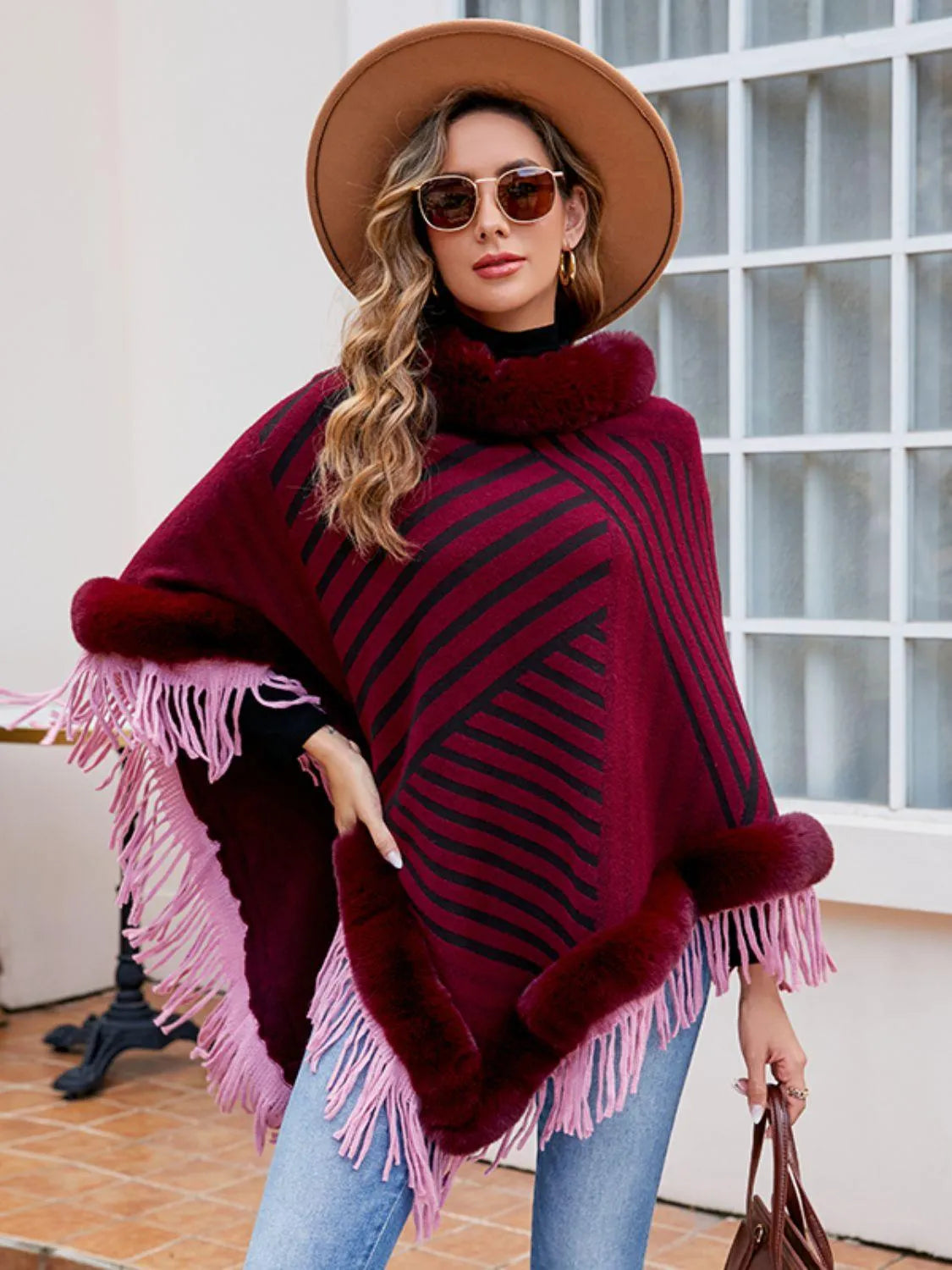 Striped Fringe Hem Poncho - 6i6