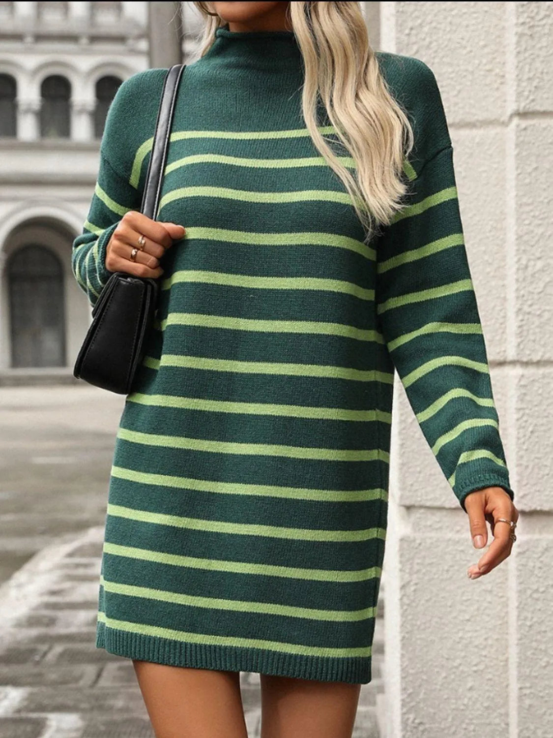 Striped Mock Neck Long Sleeve Mini Dress - 6i6