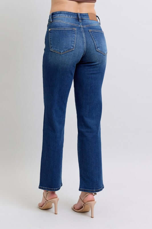 Judy Blue full-size straight jeans with side seam detailing and side pockets, offering a comfortable and stylish fit, available at 6i6.com