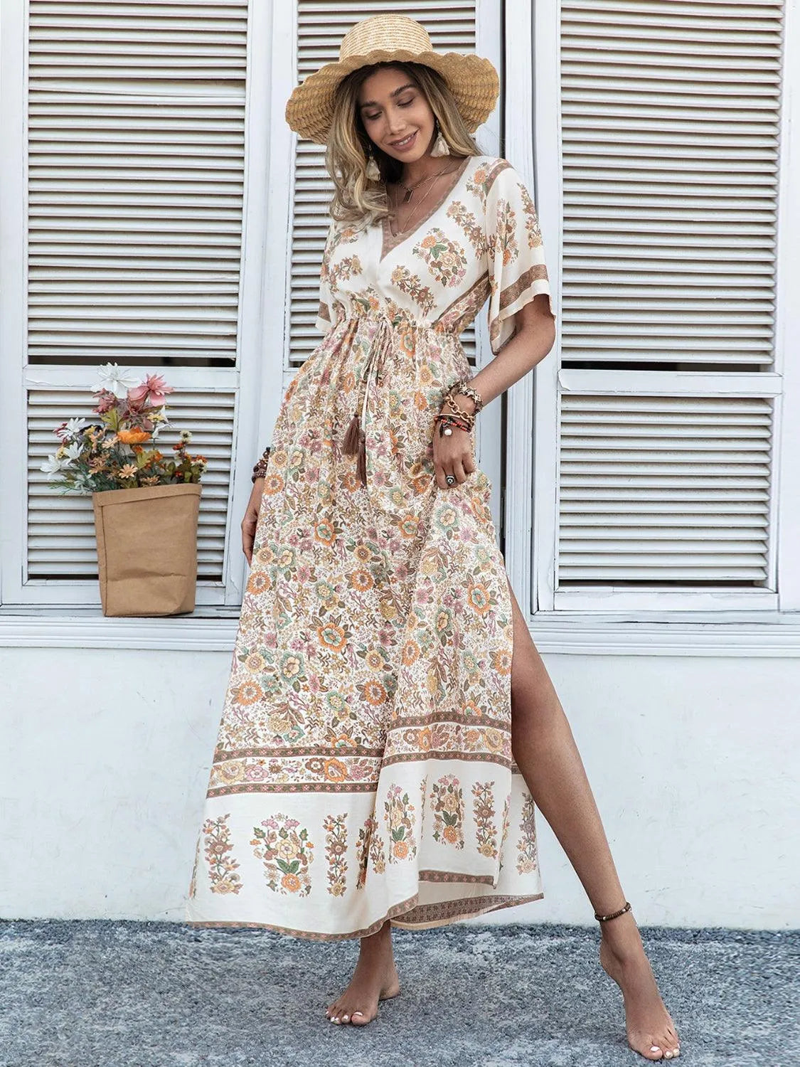 Drawstring Printed Plunge Half Sleeve Dress - 6i6