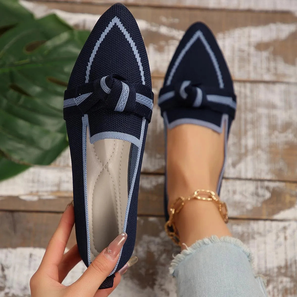 Bow Contrast Trim Point Toe Loafers - 6i6