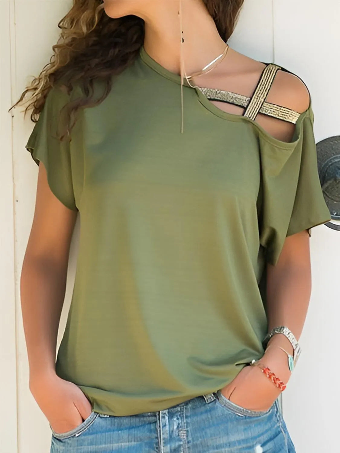 Asymmetrical Neck Short Sleeve T-Shirt - 6i6