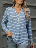 Striped Notched Long Sleeve T-Shirt - 6i6